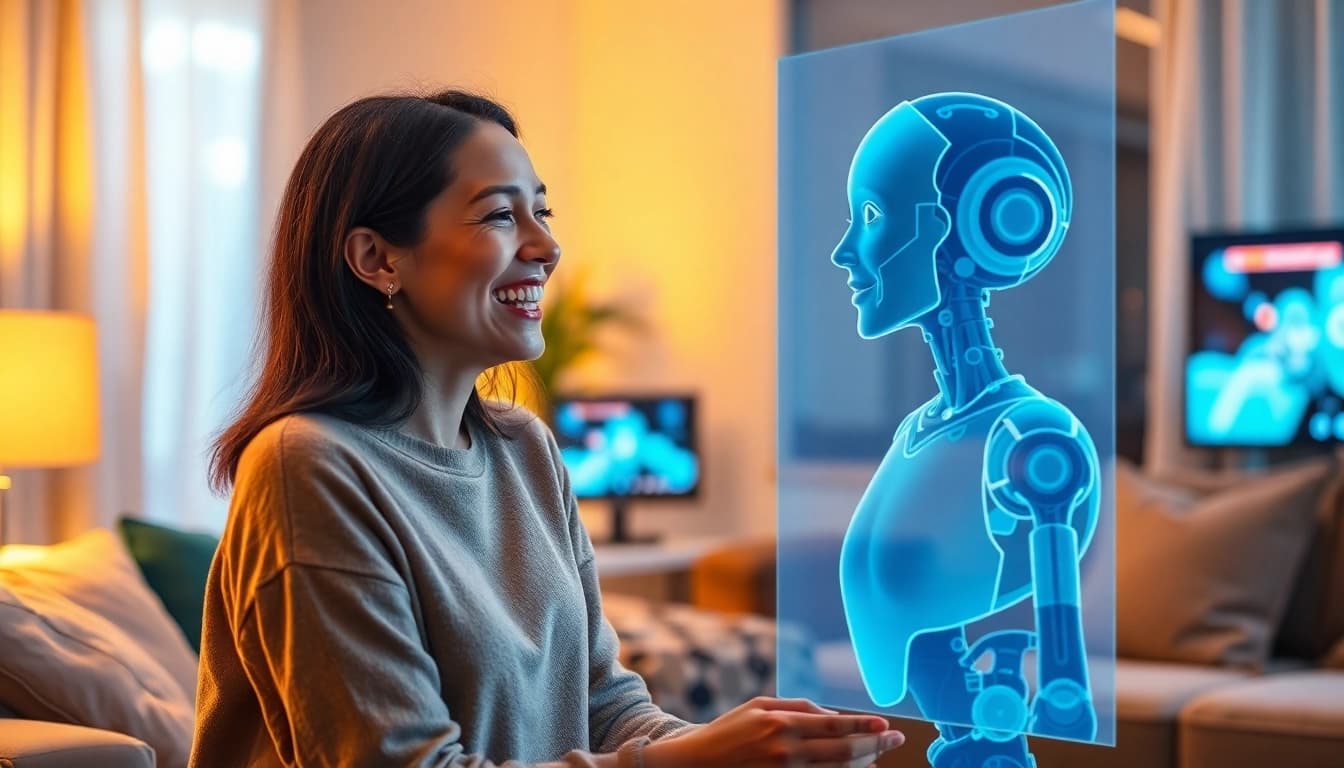 Woman enjoying a conversation with her AI girlfriend in a cozy living room, showcasing advanced technology and a warm atmosphere.