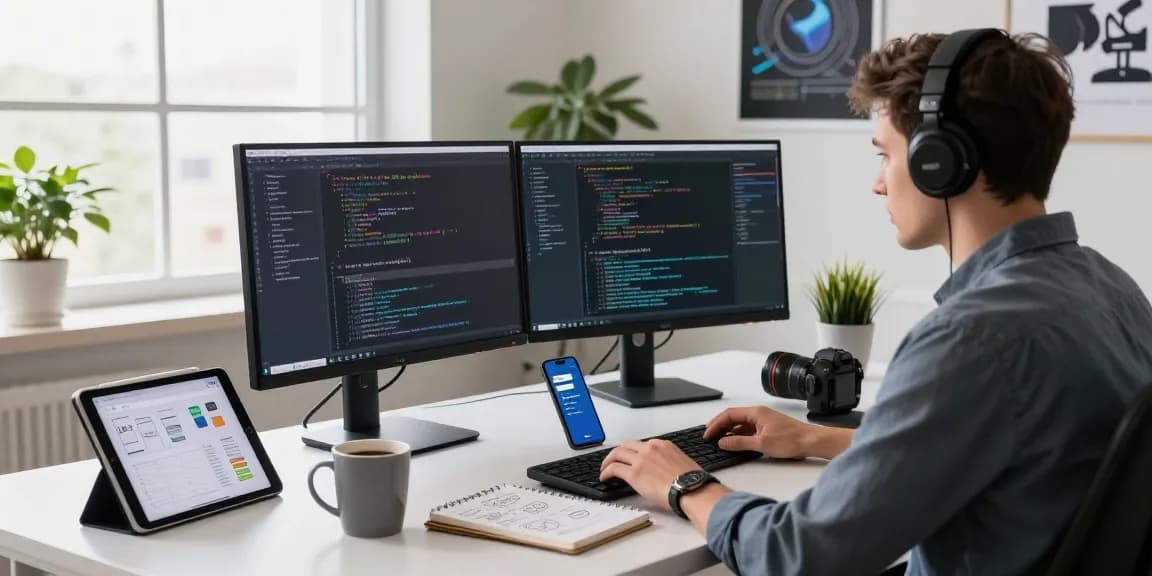 Engaging tech workspace featuring a developer coding Telegram download API integrations on dual monitors amidst a modern office setup.