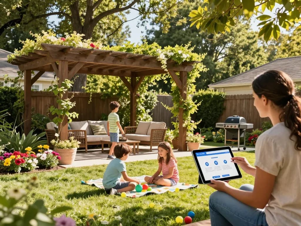 Pergola Sales Software showcased during a backyard family gathering under a beautifully designed pergola, highlighting features and outdoor comfort.