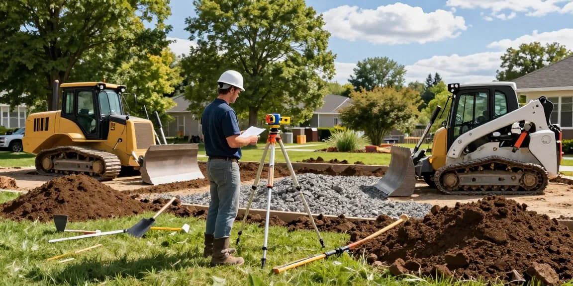 Contractor grading Ottawa yard with heavy-duty equipment and tools.