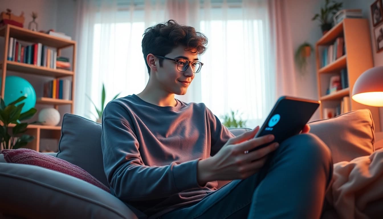 Engaging with a crush on ai chatbot in a cozy, inviting room.