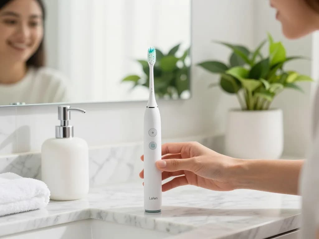 Laifen electric toothbrush designed for effective oral care with ergonomic features in a bright bathroom.