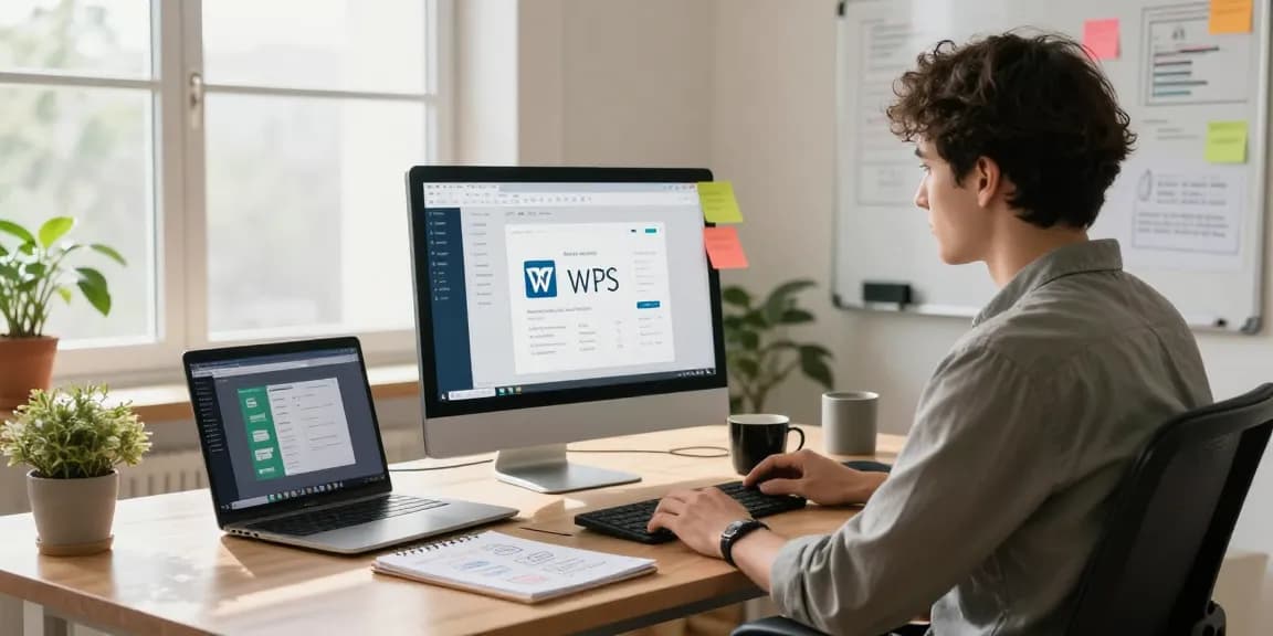 WPS Download interface showcased in a modern home office workspace with vibrant decor and ergonomic elements.