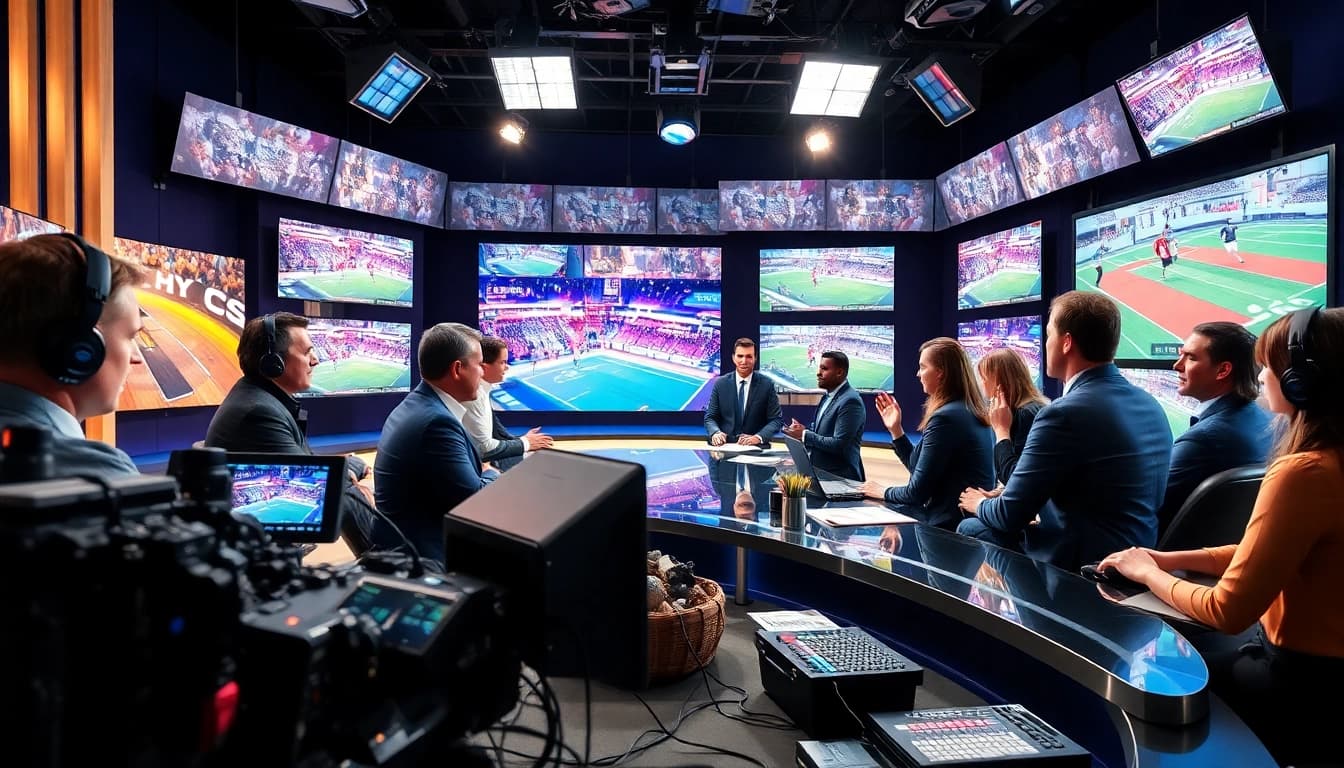 Engaging discussion in sports broadcasting studio highlighting dynamic presenters.