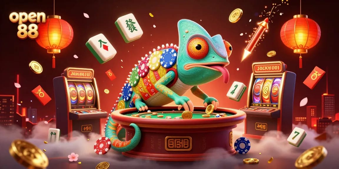 Experience thrilling moments at open 88 with a vibrant casino scene featuring our chameleon owner, slot machines, and festive decor.