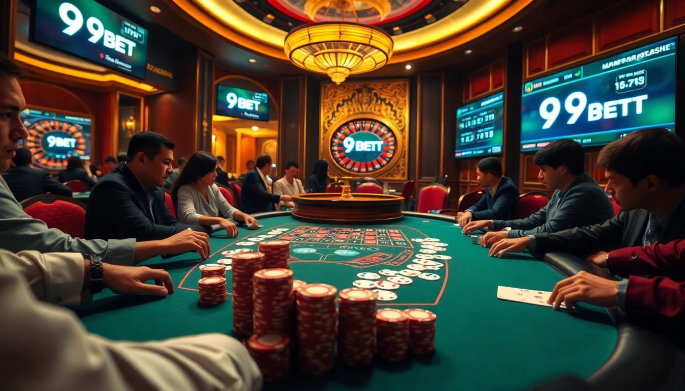 Players enjoy a thrilling poker game at a luxurious 9BET casino table under warm lighting.