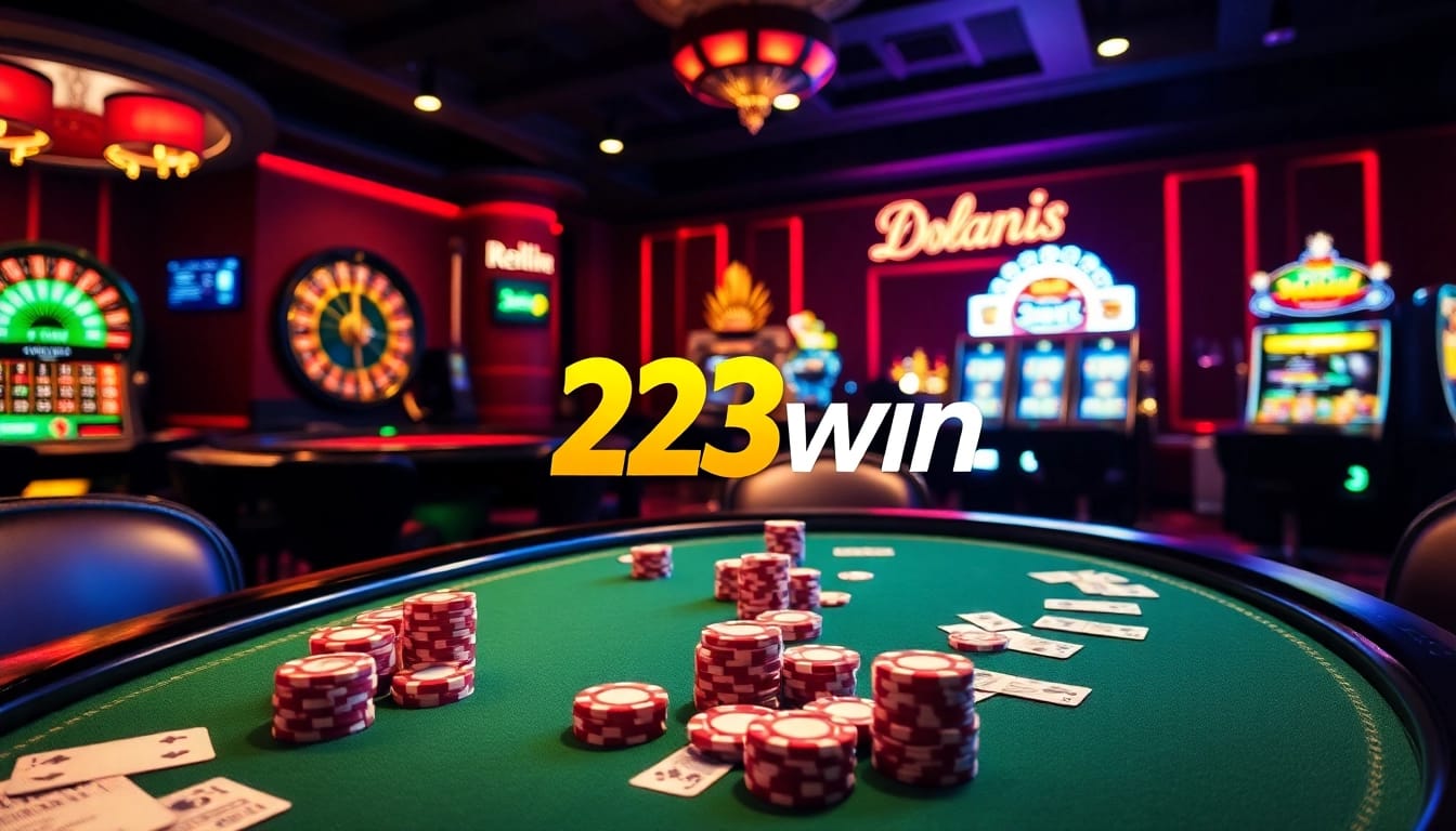 A thrilling poker game at 23win casino featuring colorful chips and cards illustrating excitement.