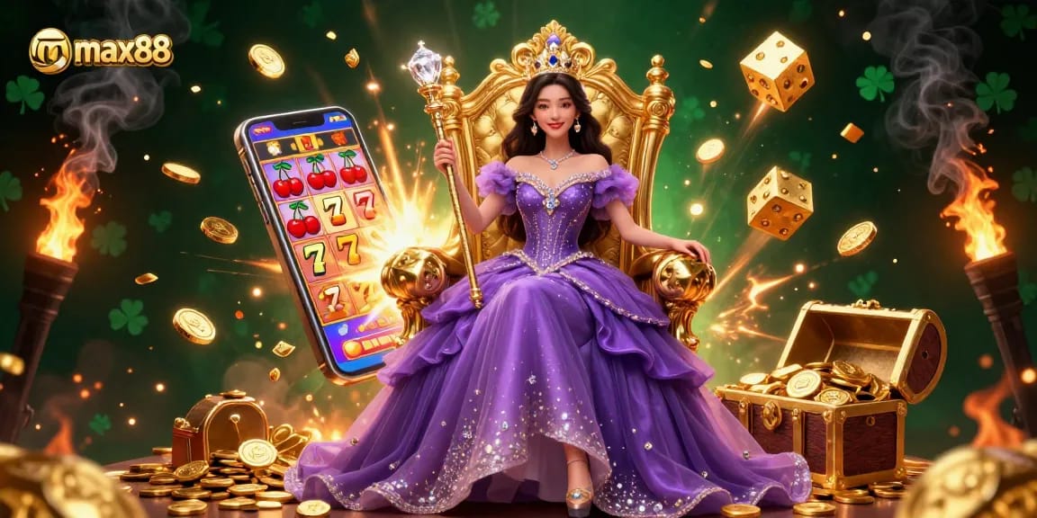Experience max88 with a stunning illustration of a casino-themed fantasy world featuring jackpots and vibrant game elements.