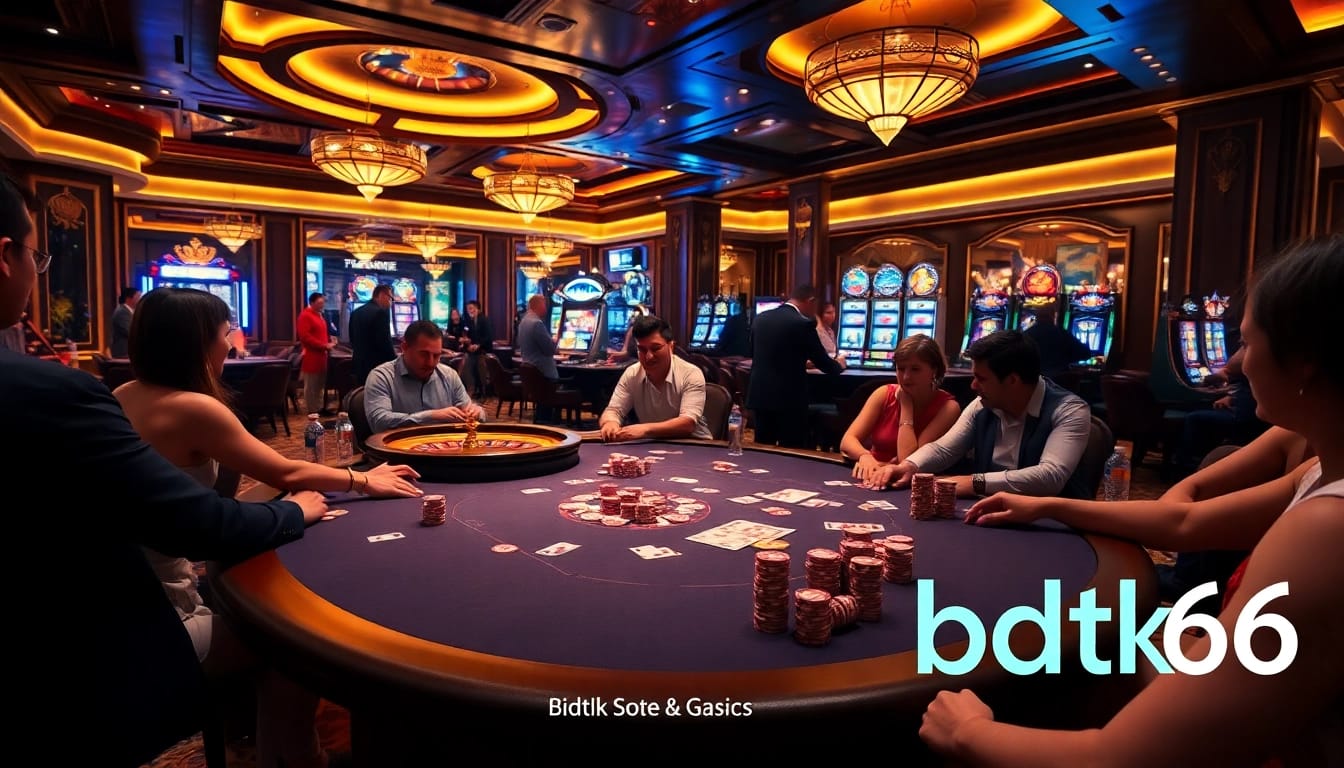 Exciting scene at a luxury casino table, featuring bdtk66 blog with poker chips and cards.