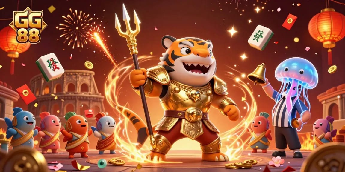 Experience the excitement of GG 88 with dynamic casino-themed 3D illustration showcasing vibrant characters and game elements.