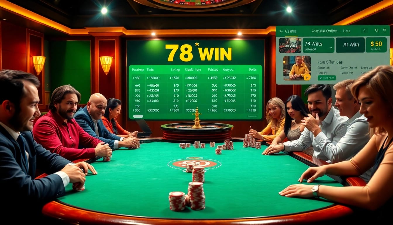 Experience the thrill of 78 Win as players engage at a luxury poker table in a vibrant casino setting.