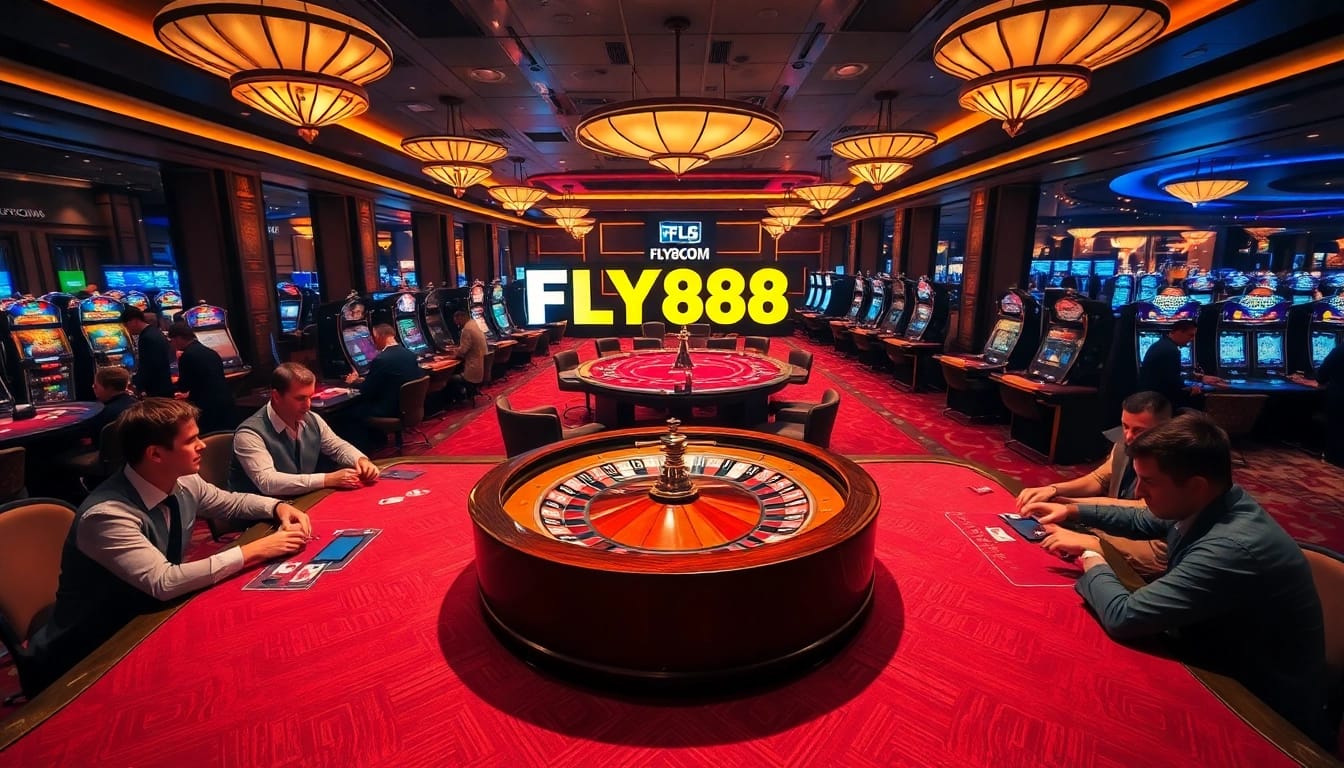 Engaging players at FLY88COM's vibrant casino floor with roulette and slot machines.