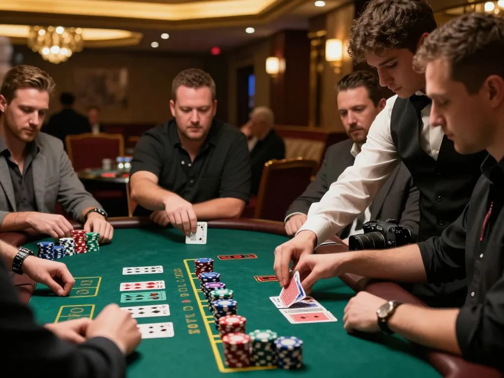 Các người chơi LUCK8 chiến lược tại bàn blackjack để có ván bài chiến thắng trong sòng bạc sang trọng.