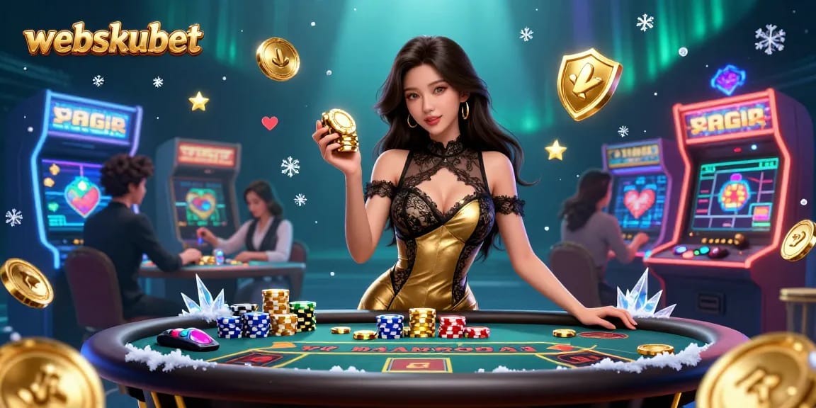 Experience luxury gaming at webskubet with a captivating illustration of a VIP baccarat table surrounded by glamour.