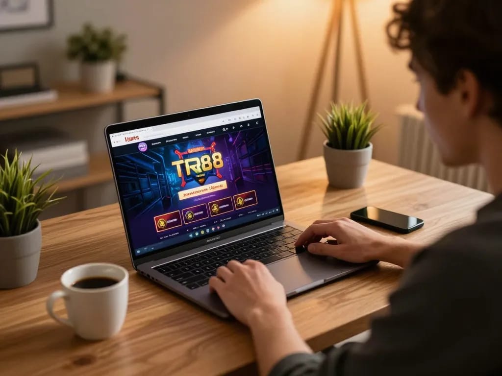 Engaging in online gambling at TR88 with a laptop setup and warm ambiance