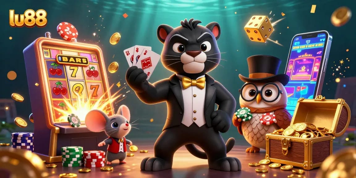 lu88’s cartoon scene featuring a stylish panther dealer and an owl with poker chips amidst a jackpot explosion.