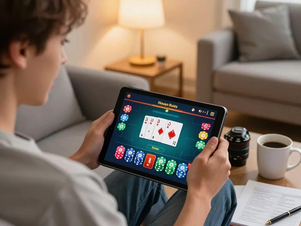 Engaged player at nhà cái rr88 using tablet for online poker, showcasing a comfortable home environment.