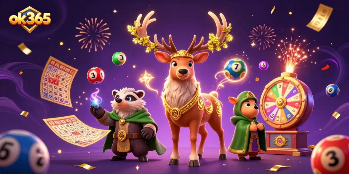 Experience exciting gameplay on ok365 with golden tickets and colorful lottery balls floating dynamically.