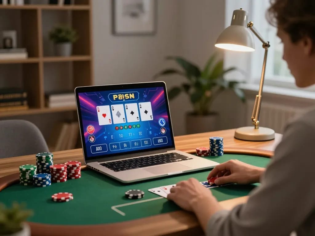 Engaging in poker at home on torxentertainment platform with a stylish laptop setup.