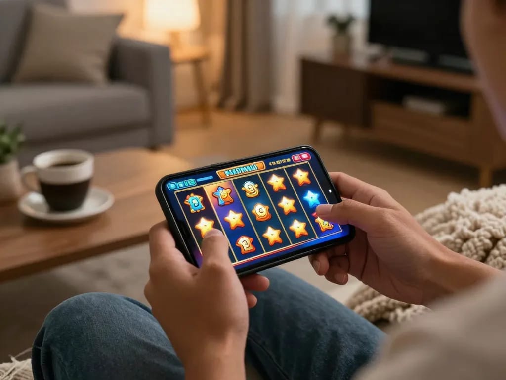 pengalaman situs togel saat pemain memutar permainan slot mobile di smartphone dalam lingkungan rumah yang nyaman.