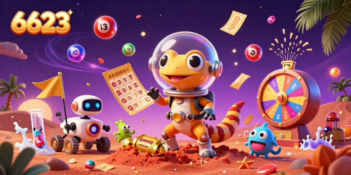 Experience the excitement of 6623 with a Martian gecko discovering a golden casino amidst vibrant lottery elements.
