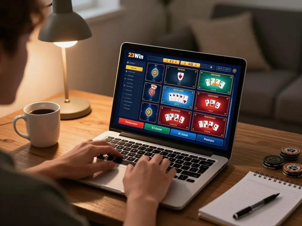 Engaging in online casino games on 23Win, showcasing vibrant gaming interfaces and a cozy home atmosphere.