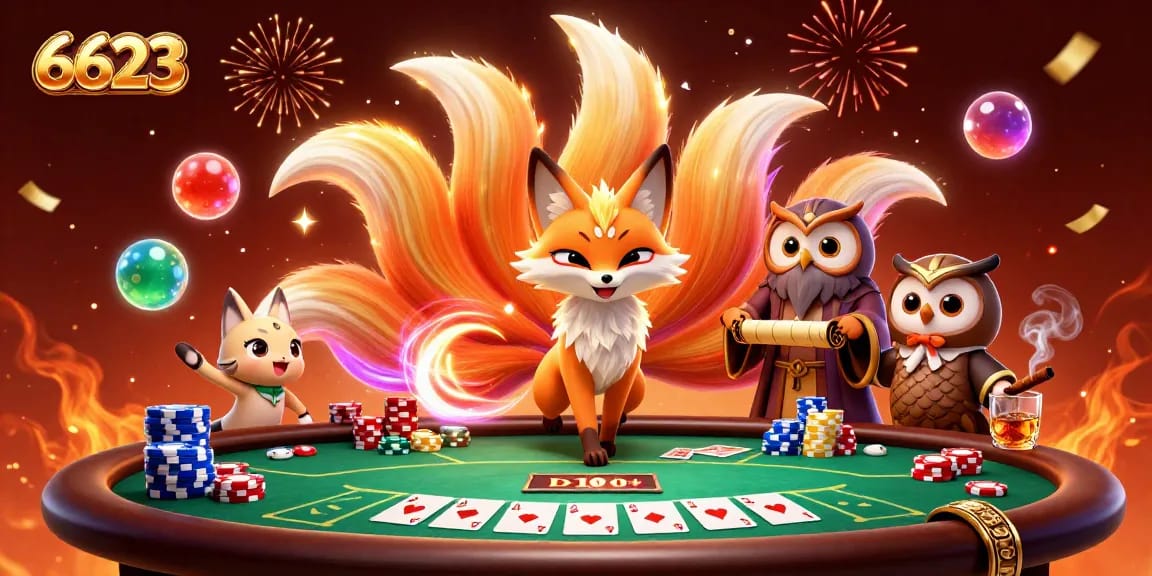 Experience the excitement of 6623 casino with a vibrant 3D scene featuring playful spirits and poker elements.