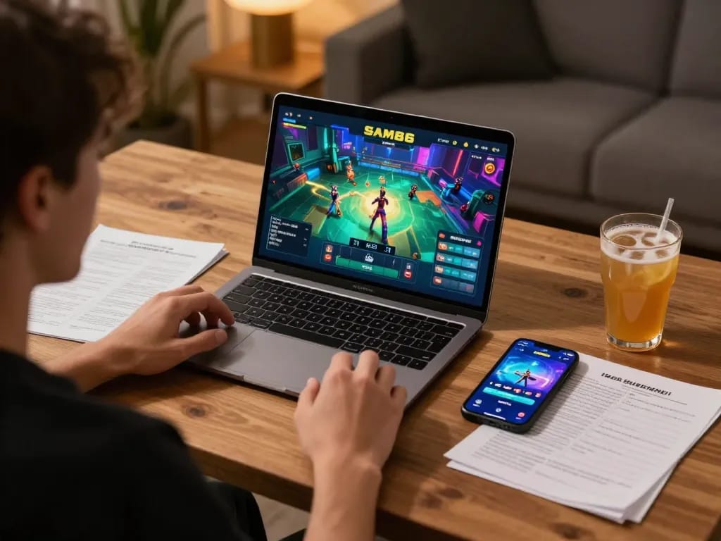 Player enjoying SAM86 online gaming on laptop, inviting atmosphere with strategic notes.