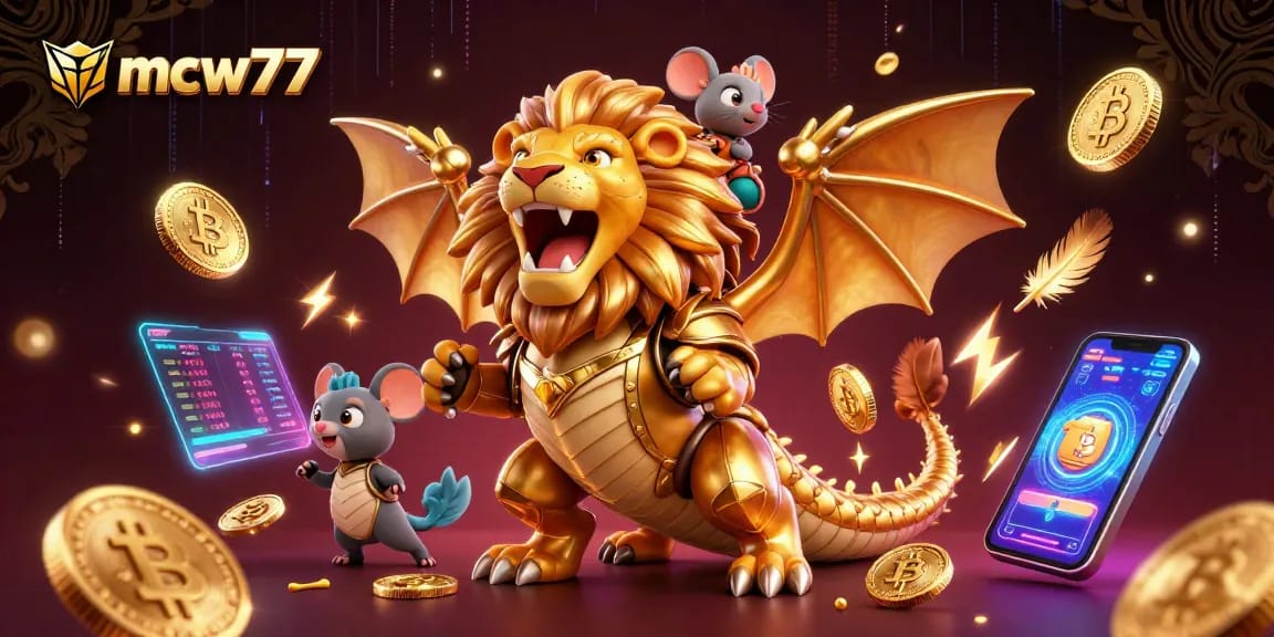 Engage in exhilarating gameplay at mcw77, featuring a majestic chimera celebrating among vibrant cryptocurrency icons and high-stakes action.