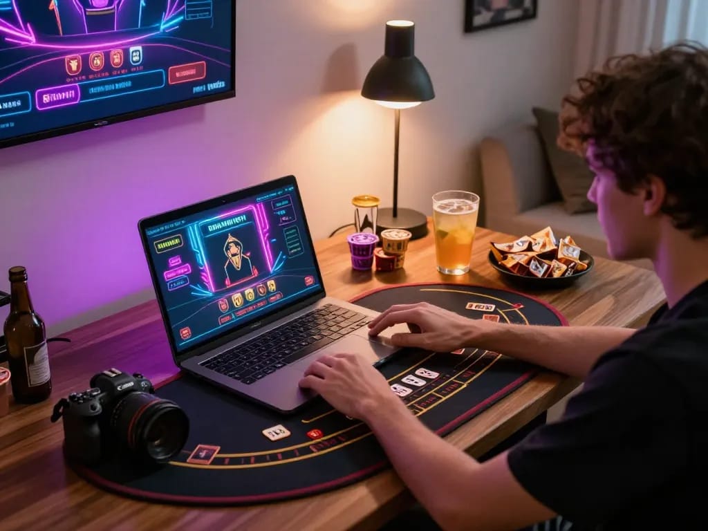 Playing blackjack online at home on 98win with snacks and colorful interface.