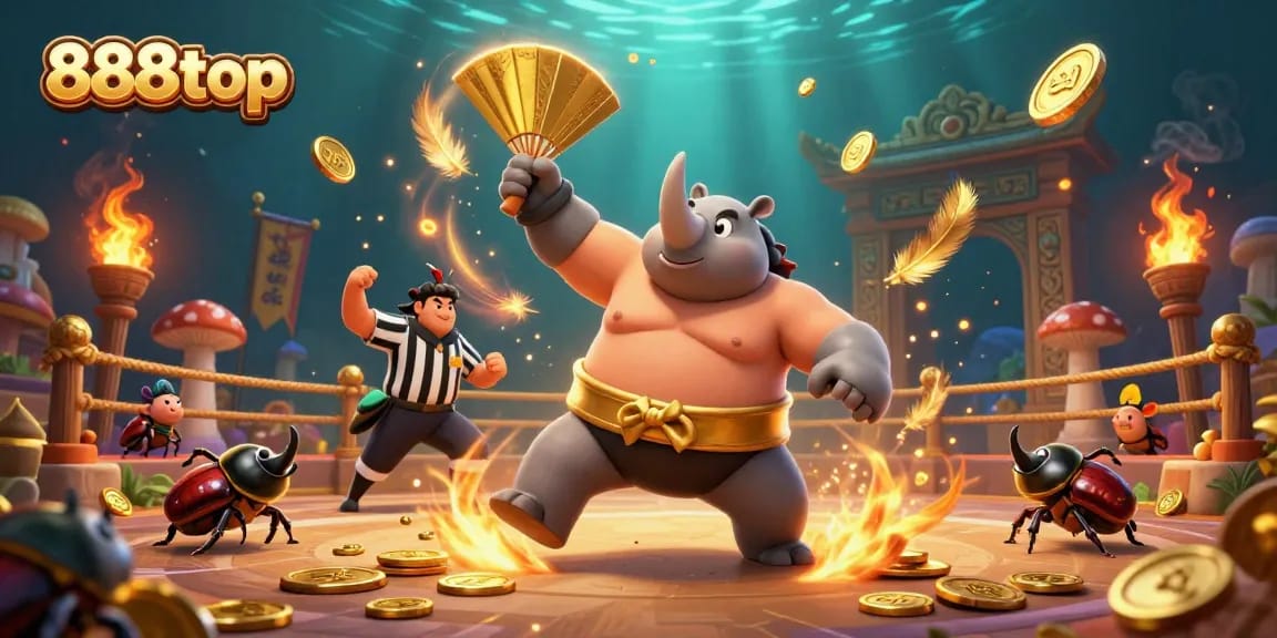 Engage in thrilling gameplay at 888top with the dynamic scene of a beetle sumo showdown.