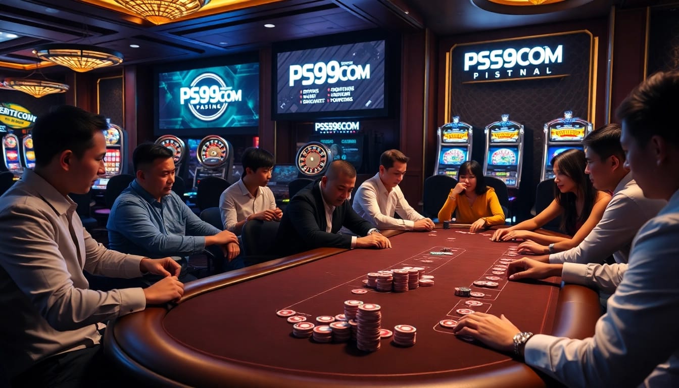 Intense poker gameplay at a luxurious casino table with PS99COM promotions highlighted.