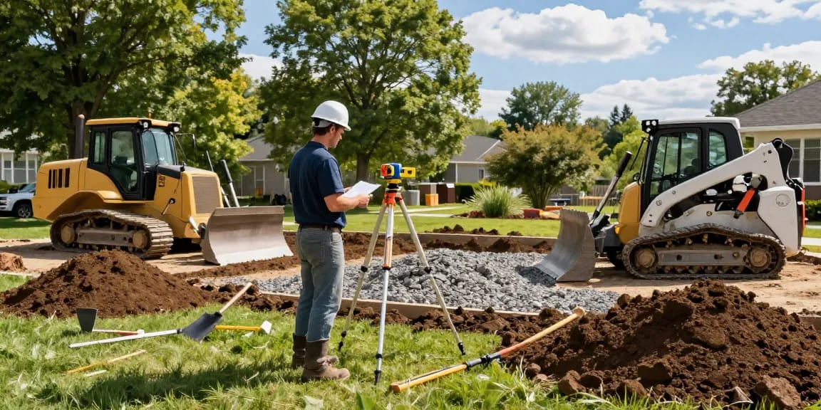 Contractor grading Ottawa yard with heavy-duty equipment and tools.