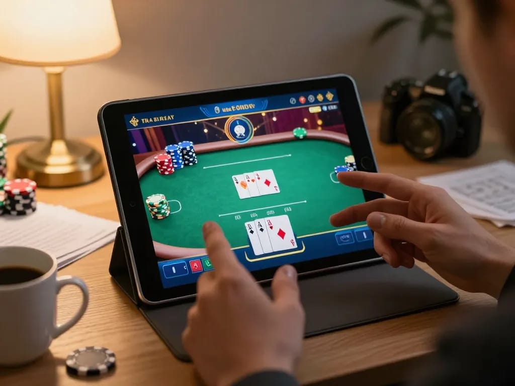 Engaging in strategic gameplay at home with go88 poker on tablet, hands discussing betting tactics.