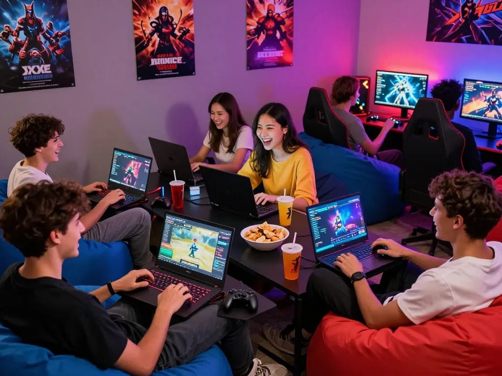 Exciting gaming lounge with diverse players enjoying xxx games on laptops and mobile devices, colorful LED lights creating a vibrant atmosphere.