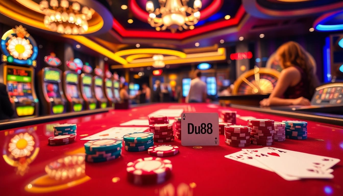 Experience the excitement of Du88 with poker chips and cards at a vibrant casino table.