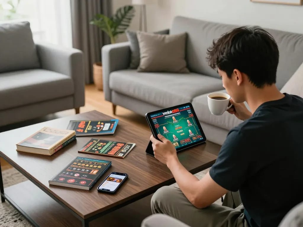 Engaged player enjoying online gaming on vnloto88 app in cozy home setting.