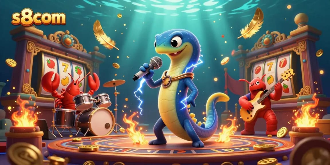 S8com showcases a vibrant underwater casino with a DJ eel, lobster drummer, and seahorse guitarist entertaining players.