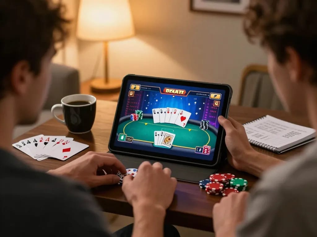 Join the thrilling online poker action with 78wim, as players strategize over tablet gameplay.