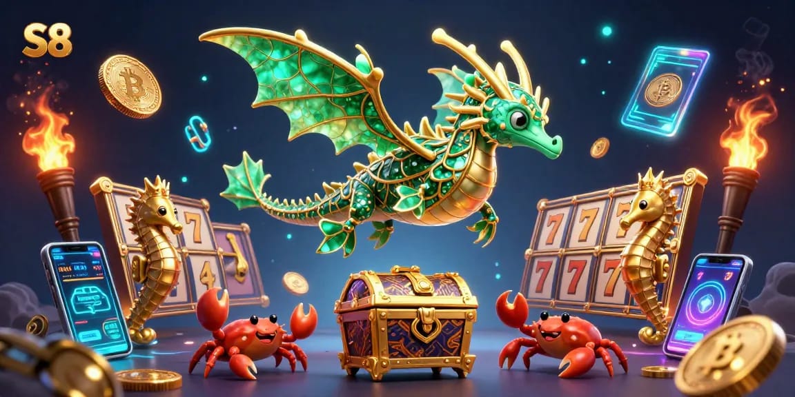 Engage with the vibrant S8-themed casino experience featuring slot reels, dragons, and crypto elements.