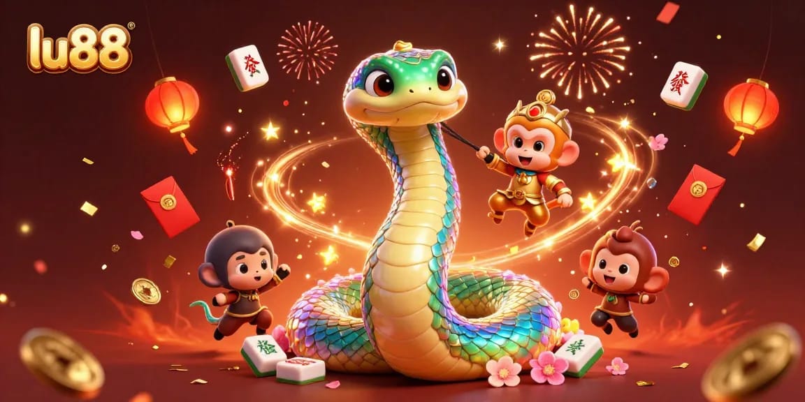 Experience vibrant gaming at lu88 with a magical casino illustration featuring a rainbow serpent and lucky charms.