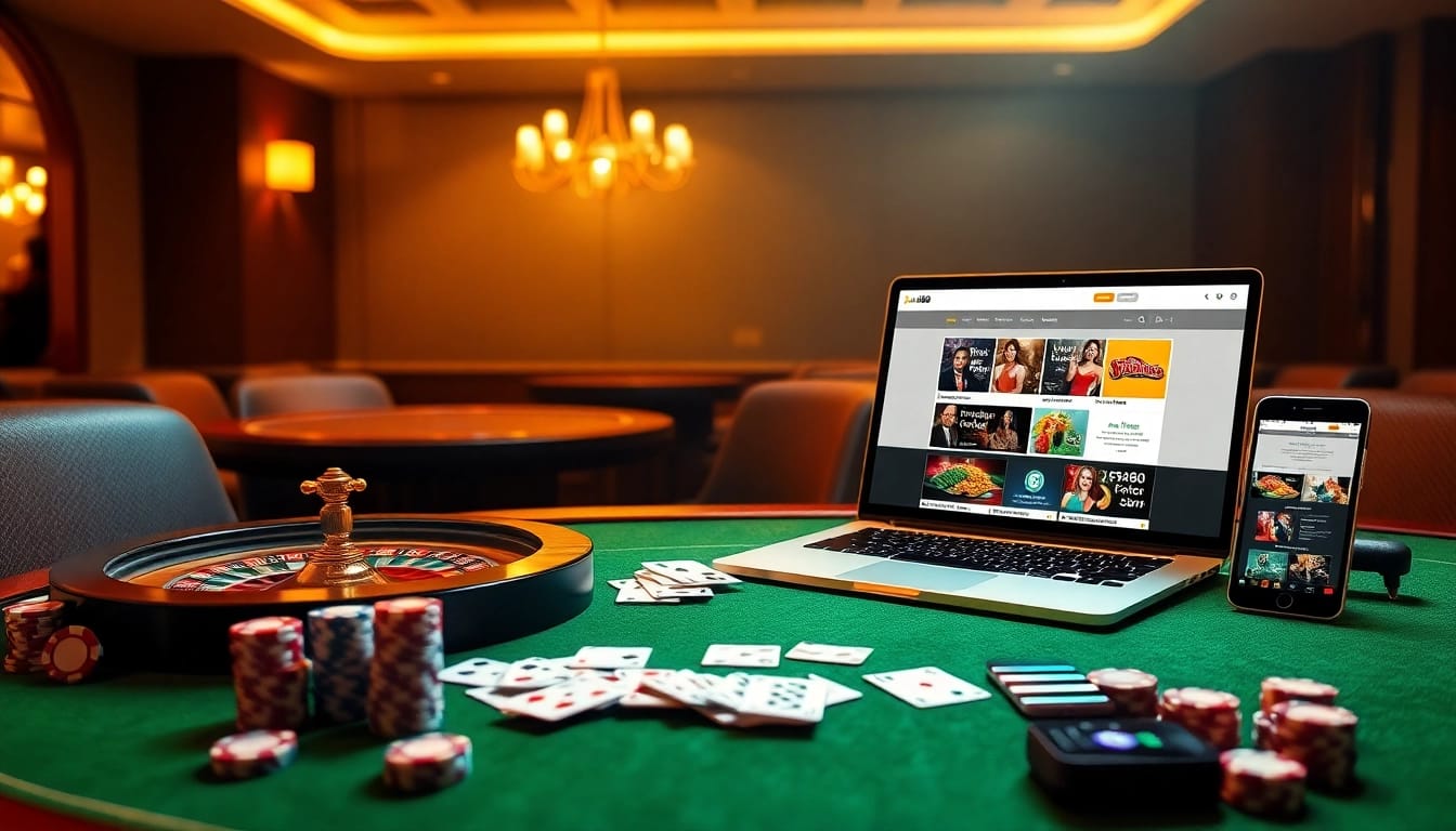 Engaging with Link Jun88 at a luxurious online casino featuring vibrant tables and devices.