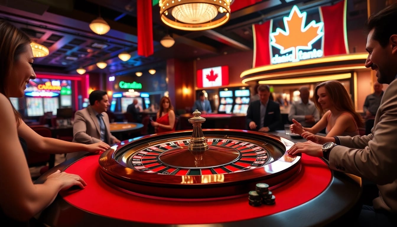 Engaging scene of best online casinos Canada with players at a roulette table in a colorful casino.