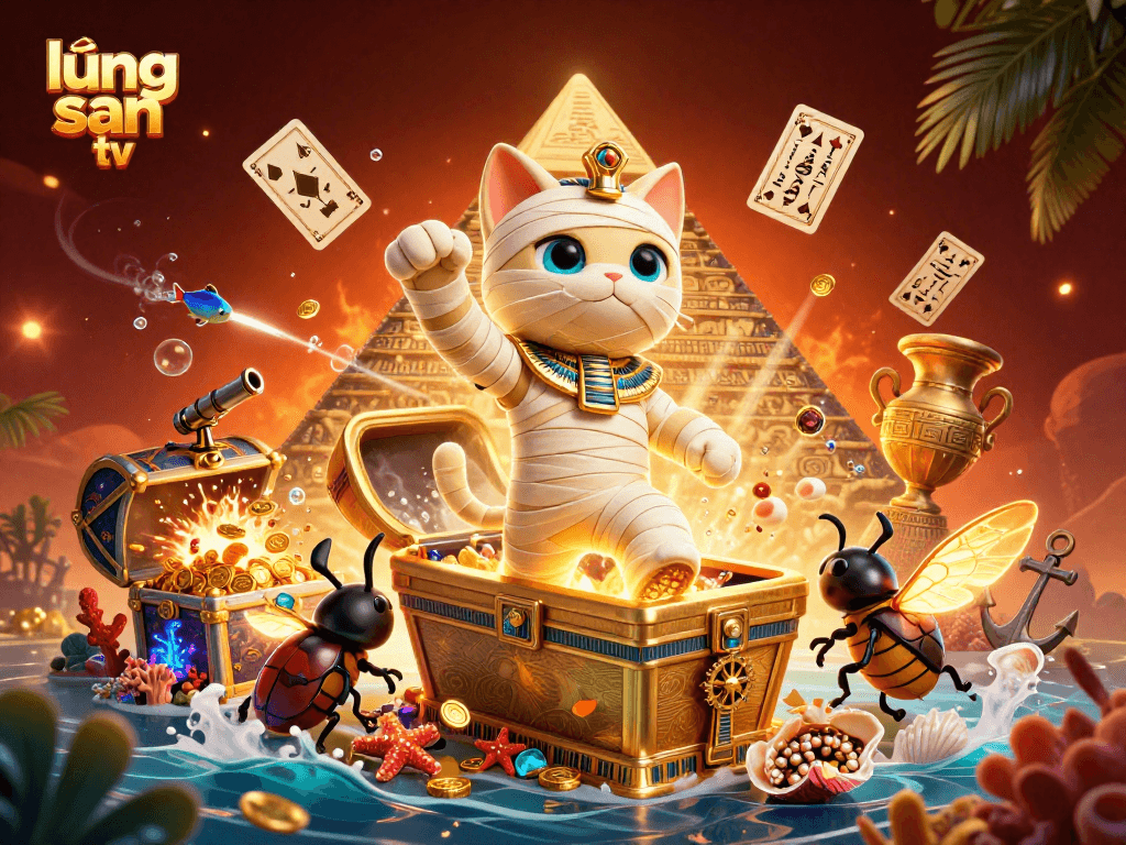 Experience thrilling action with lương sơn tv - Egyptian mummy cat in a vibrant casino scene.