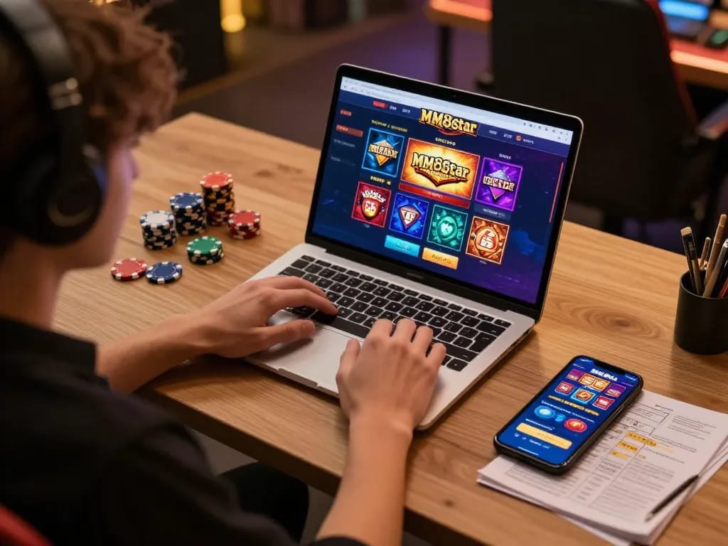Player engaging with the MM88Star online casino interface while analyzing strategy notes.