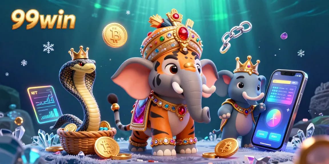 Engage with 99win's thrilling casino adventure featuring a tiger maharaja amidst glimmering treasures.