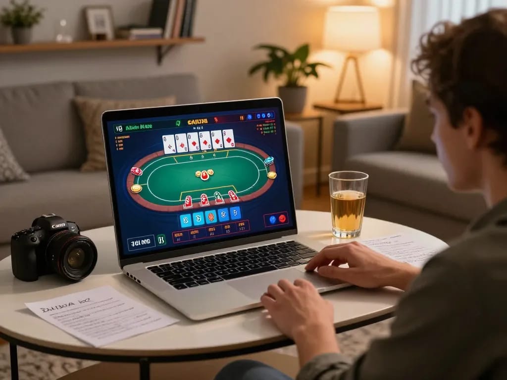 Player engaging in online poker at home, discovering strategies for GA88 gaming.