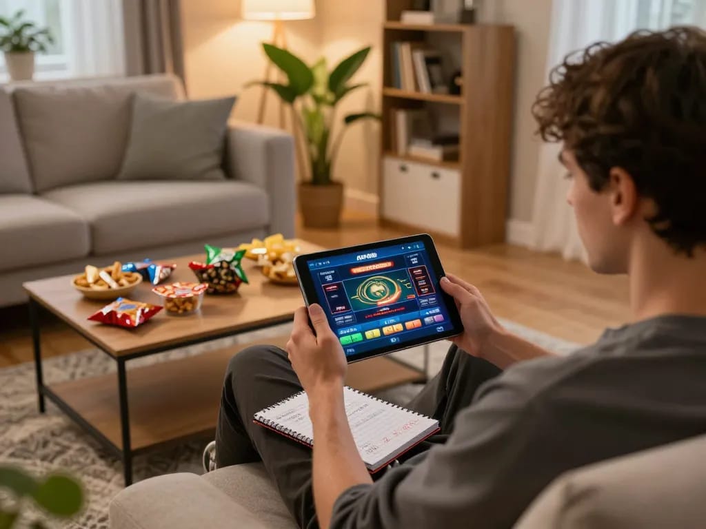 Pemain menggunakan aplikasi kasino ap686 di tablet di ruang tamu yang nyaman, dikelilingi oleh snack dan catatan strategi.