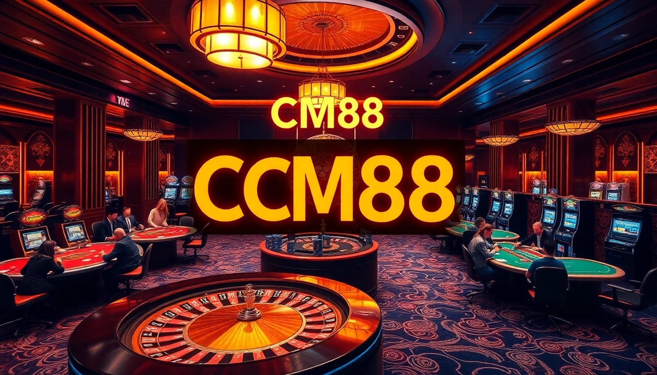 Engage with CM88 in a luxurious casino environment featuring roulette, poker, and slot machines.