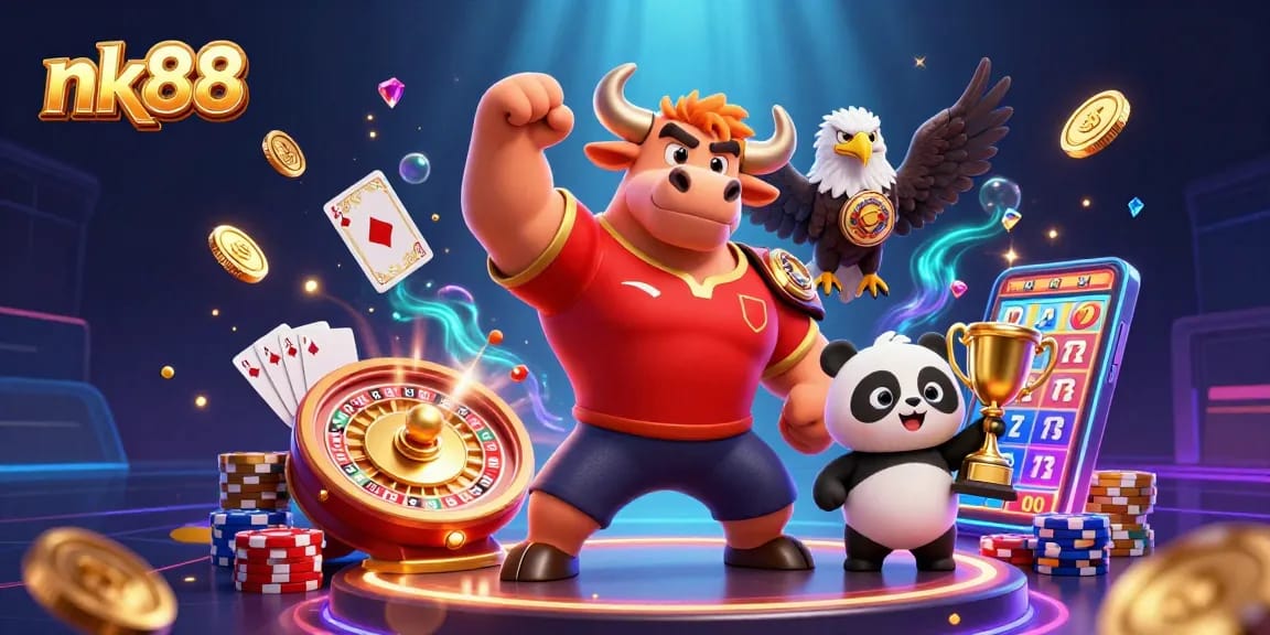 Spin and win at nk88 with a dynamic casino scene featuring a victorious bull mascot, eagle, and panda.